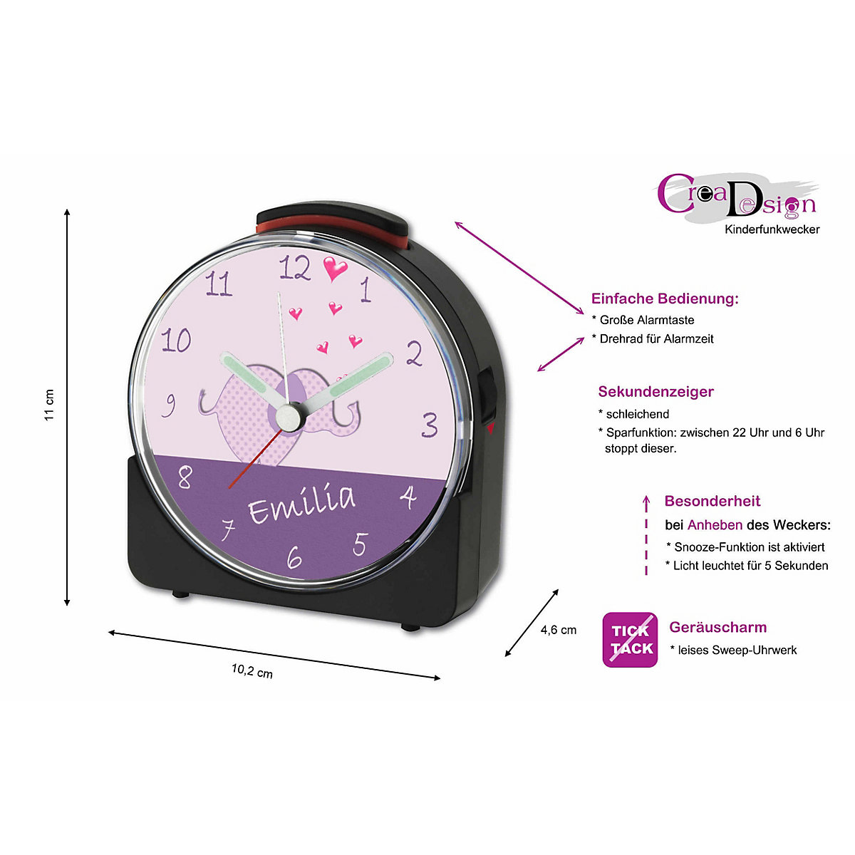 Kinder Funkwecker weiß personalisiert mit Namen Elefant