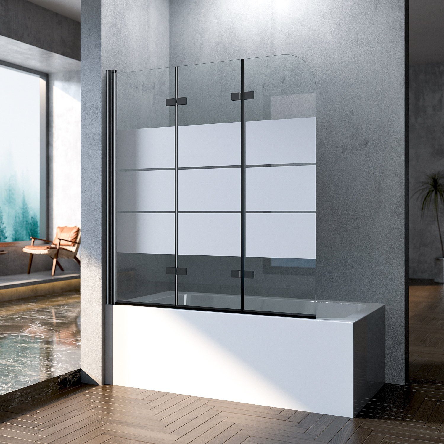 Boromal Badewannenaufsatz 120x140cm 130x140cm 3 teilig faltbar Schwarz Duschwand für Badewanne, 180° Faltwand, verstellbar Alu Wandprofil, milchglas, (Duschabtrennung Badewanne, Sicherheitsglas), Effizient wasserdicht, Rechts-und Links montierbar