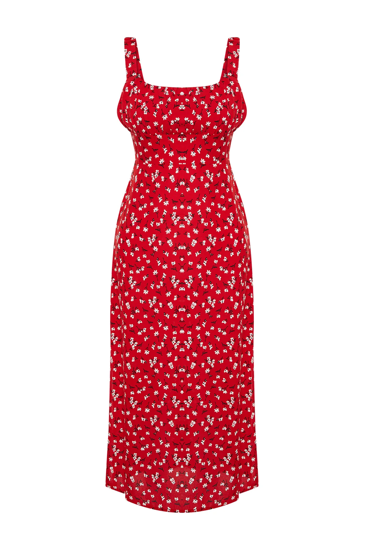 Trendyol Collection  Rotes Maxikleid aus 100 % Viskosegewebe mit Blumenmuster und Schlitzdetail, quadratischem Ausschnitt, TWOSS24EL00613