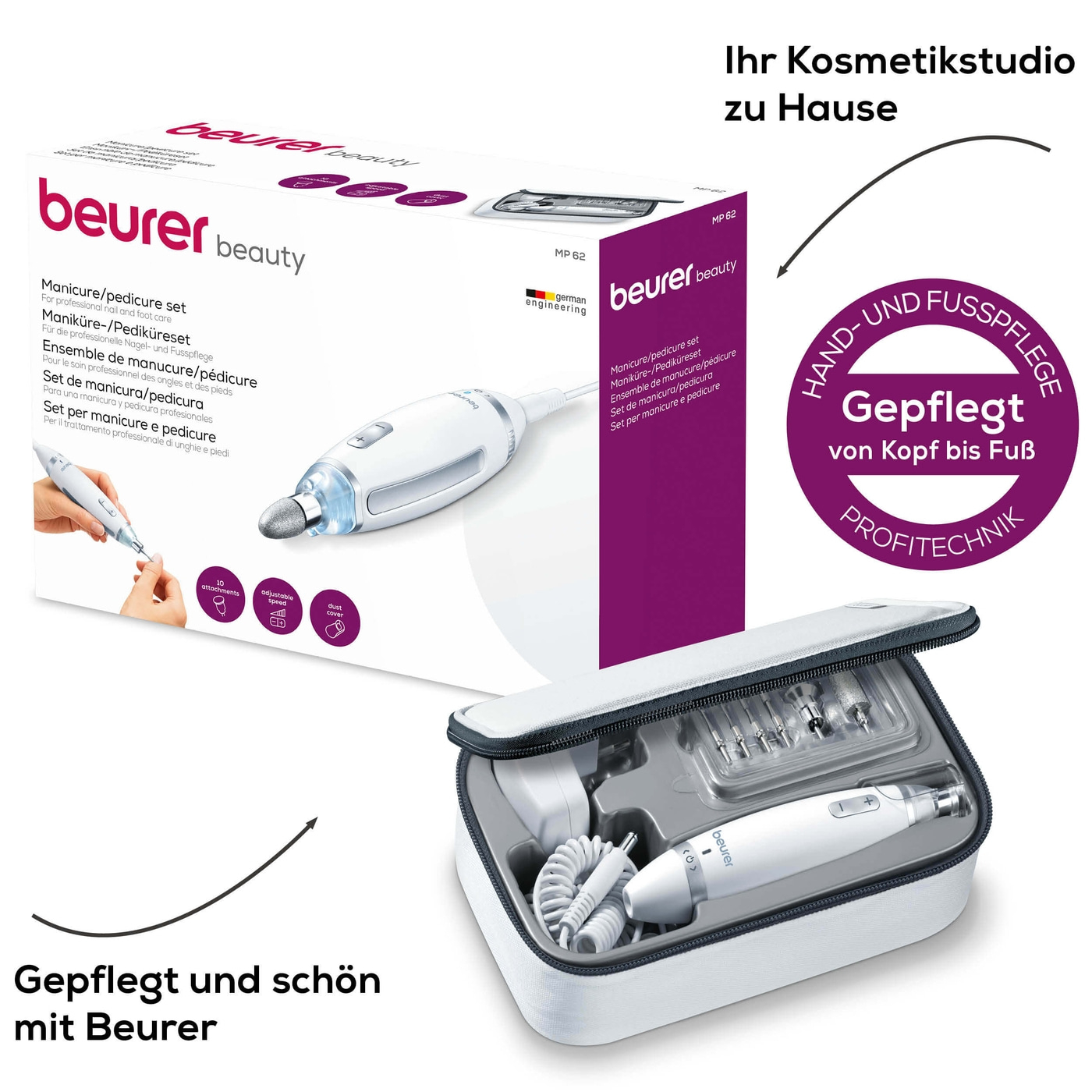Beurer Maniküre-/Pediküreset MP 62-Stufenlos regelbarer Nagelfräser für Maniküre & Pediküre mit 10 Aufsätzen