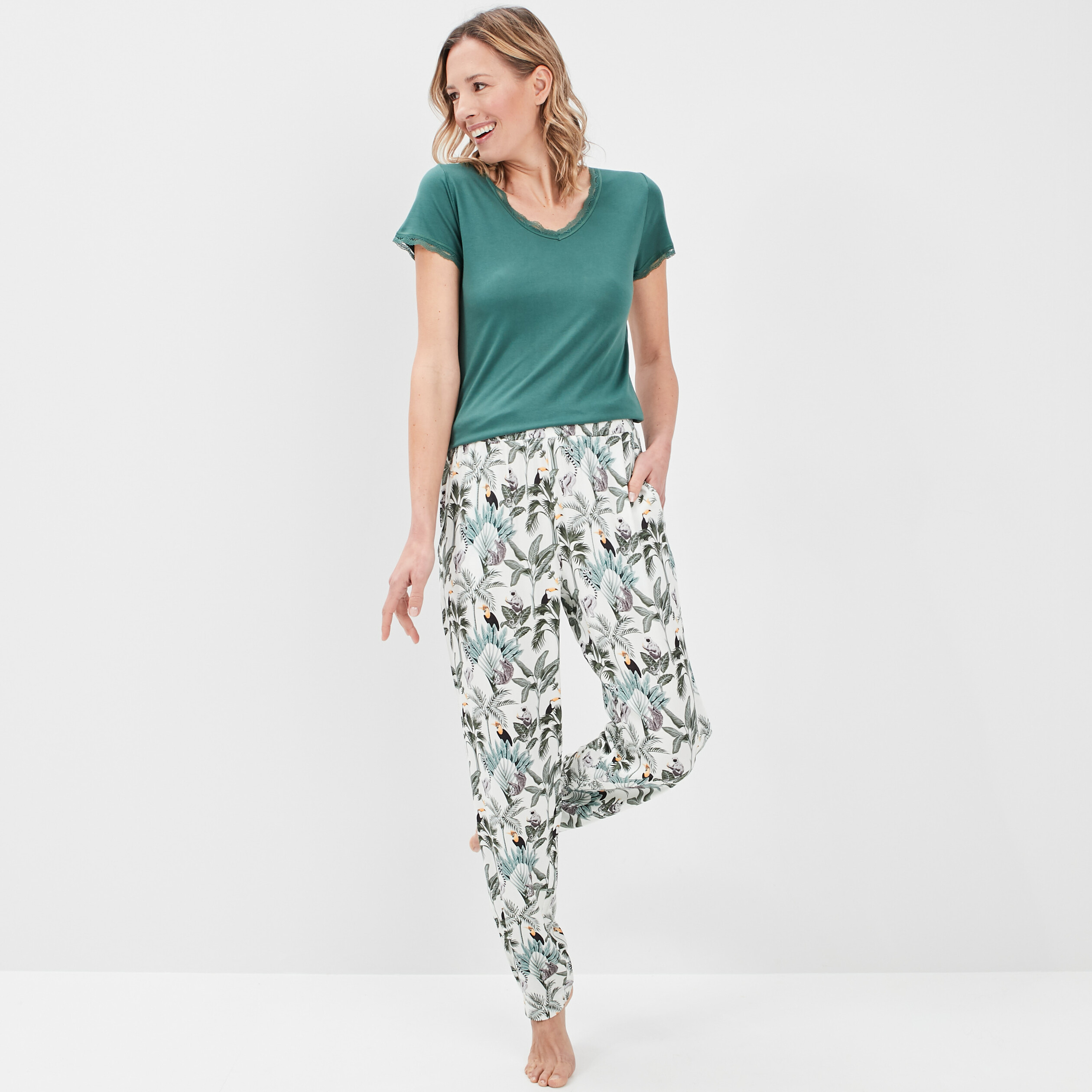 Pantalon de pyjama fluide taille haute ecru femme | La Halle