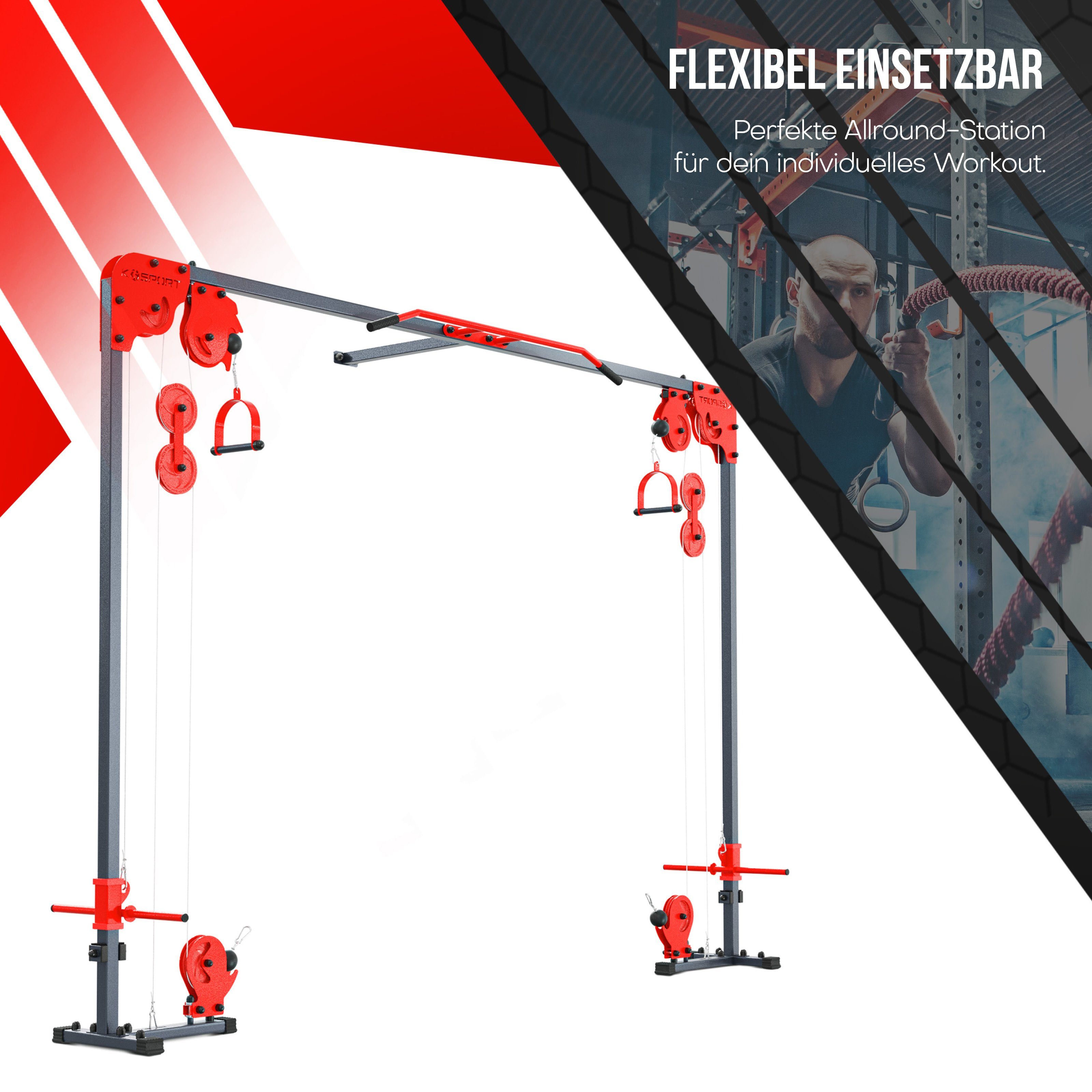 K-SPORT Kraftstation Oberer und Unterer Cable Cross Kabelzug, (Seil-Crossover-Maschine inklusive Klimmzugstange, Multi-Fitnessgerät für Zuhause, Massiver Stahlrahmen), Made in EU!