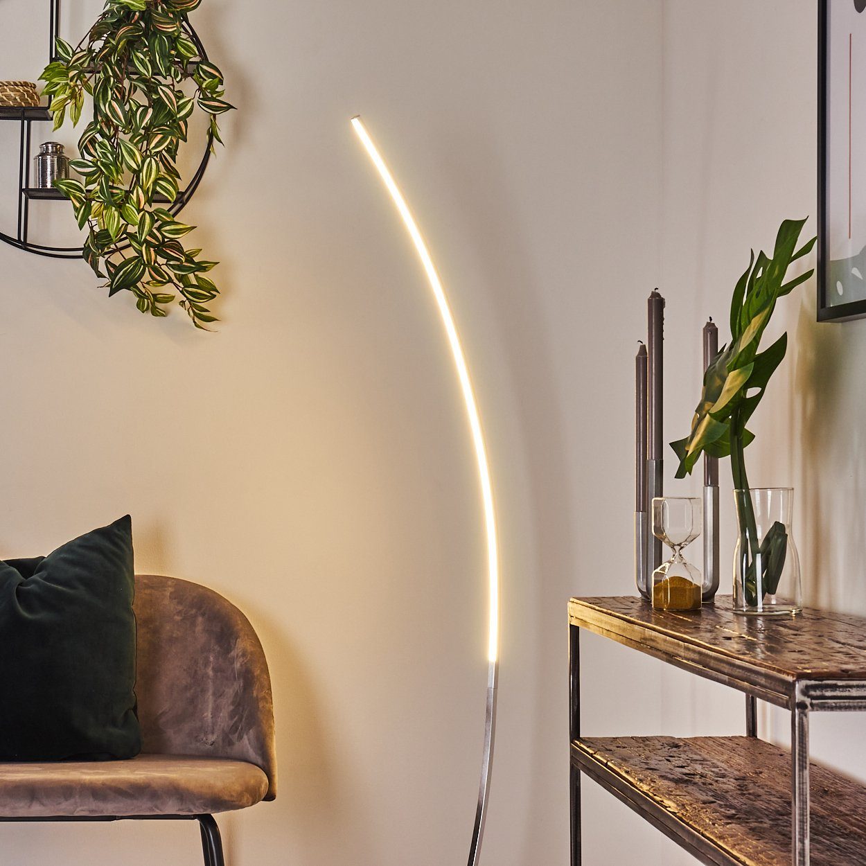 hofstein Stehlampe Brie LED Designer Standlampe in Aluminiumgebürstet, gebogene Stehleuchte mit Fußschalter und Kabel, halbrund, Leselampe
