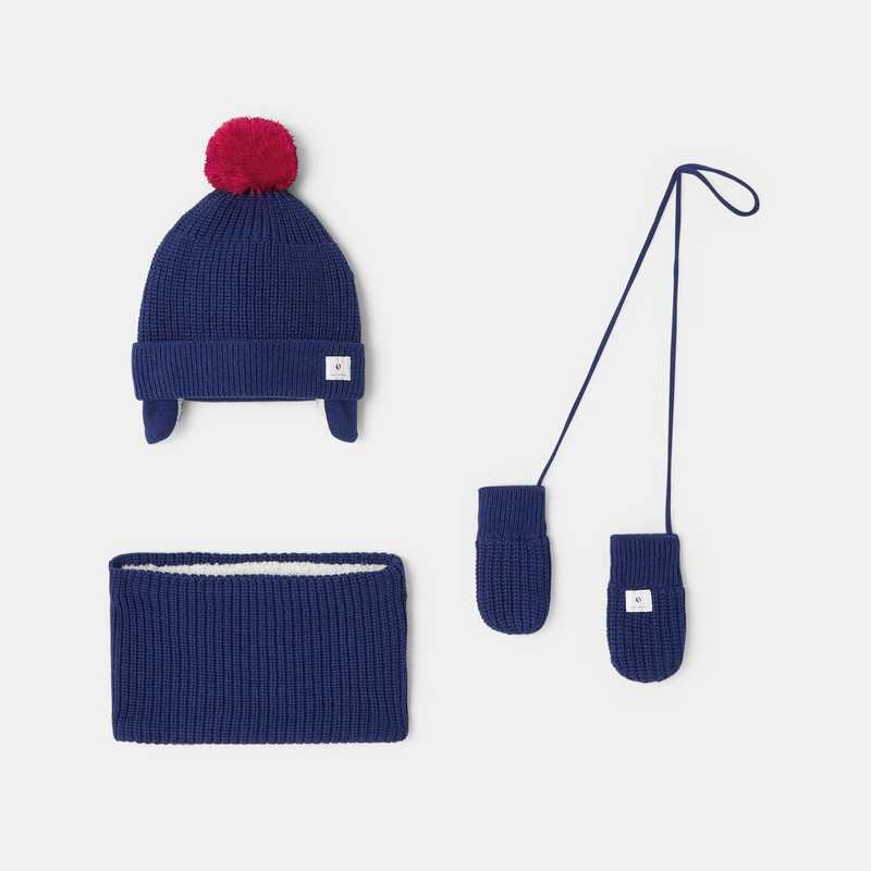 Ensemble bonnet, tour de cou et moufles en tricot fourré bleues mixte Absorba