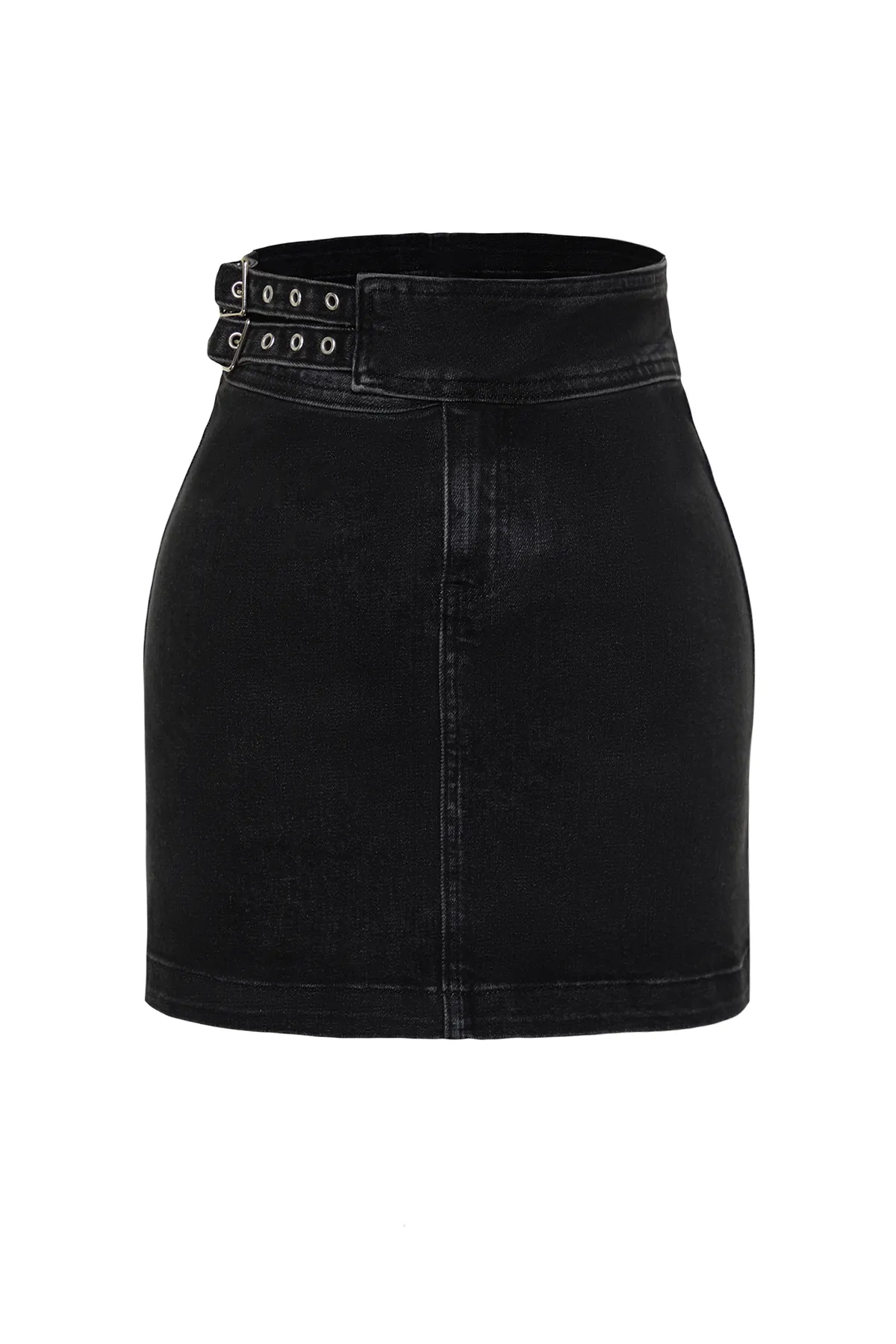 Trendyol Collection  Schwarzer Mini-Jeansrock mit normaler Taille und detailliertem Accessoire TWOSS24ET00013