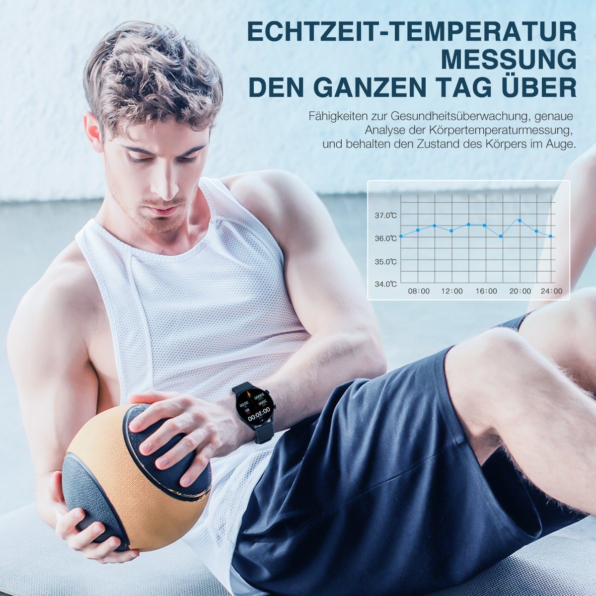 ombar Damen Herren Smartwatch mit Telefonfunktion,1,32 Zoll runde Armbanduhr Smartwatch (1.32 Zoll), mit 8 Sportmodi, Herzfrequenz, Schrittzähler, Schlafmonitor