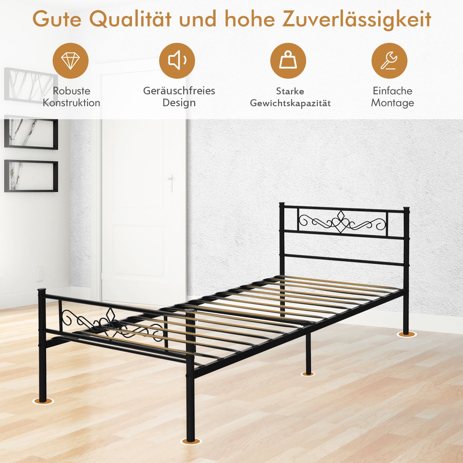 COSTWAY Bettgestell, mit Lattenrost, 150kg belastbar, Metall schwarz