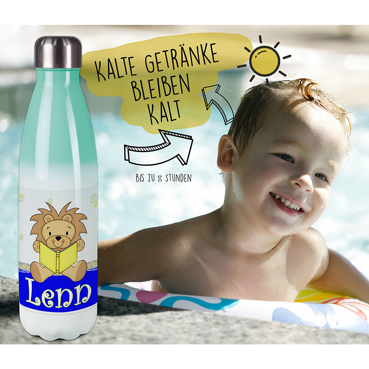 Edelstahl Kinder Thermoflasche / Trinkflasche bunt Leselöwe Farbe blau Spülmaschinenfest, Auslaufsicher, Bruchfest, Doppelwandig, Für Heißgetränke geeignet, Mit Deckel, Isoliert