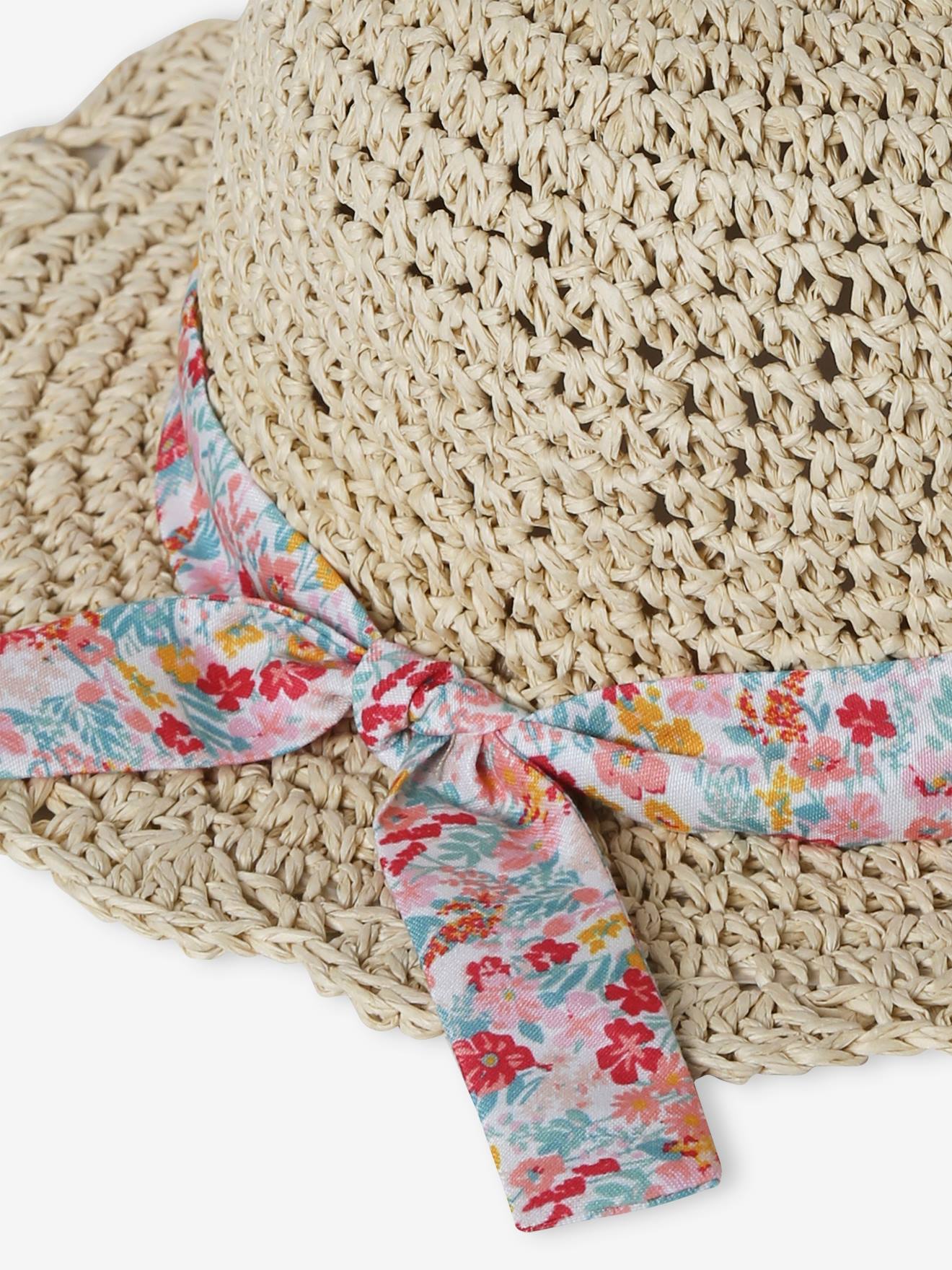 Chapeau aspect paille effet crochet avec ruban imprimé fille sable