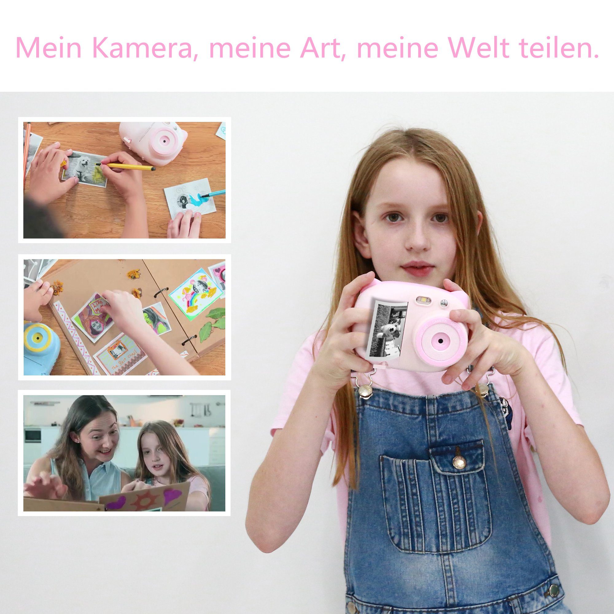 OKA Kinderkamera, Sofortbildkamera Kinder DigitalKamera 1080P Videokamera Kinderkamera (inkl. Kinder Kamera Drucken Schwarzweiß Foto mit Pinselstift, Kinder Digitalkamera mit 32GB SD-Karte, Geschenk für Kinder)
