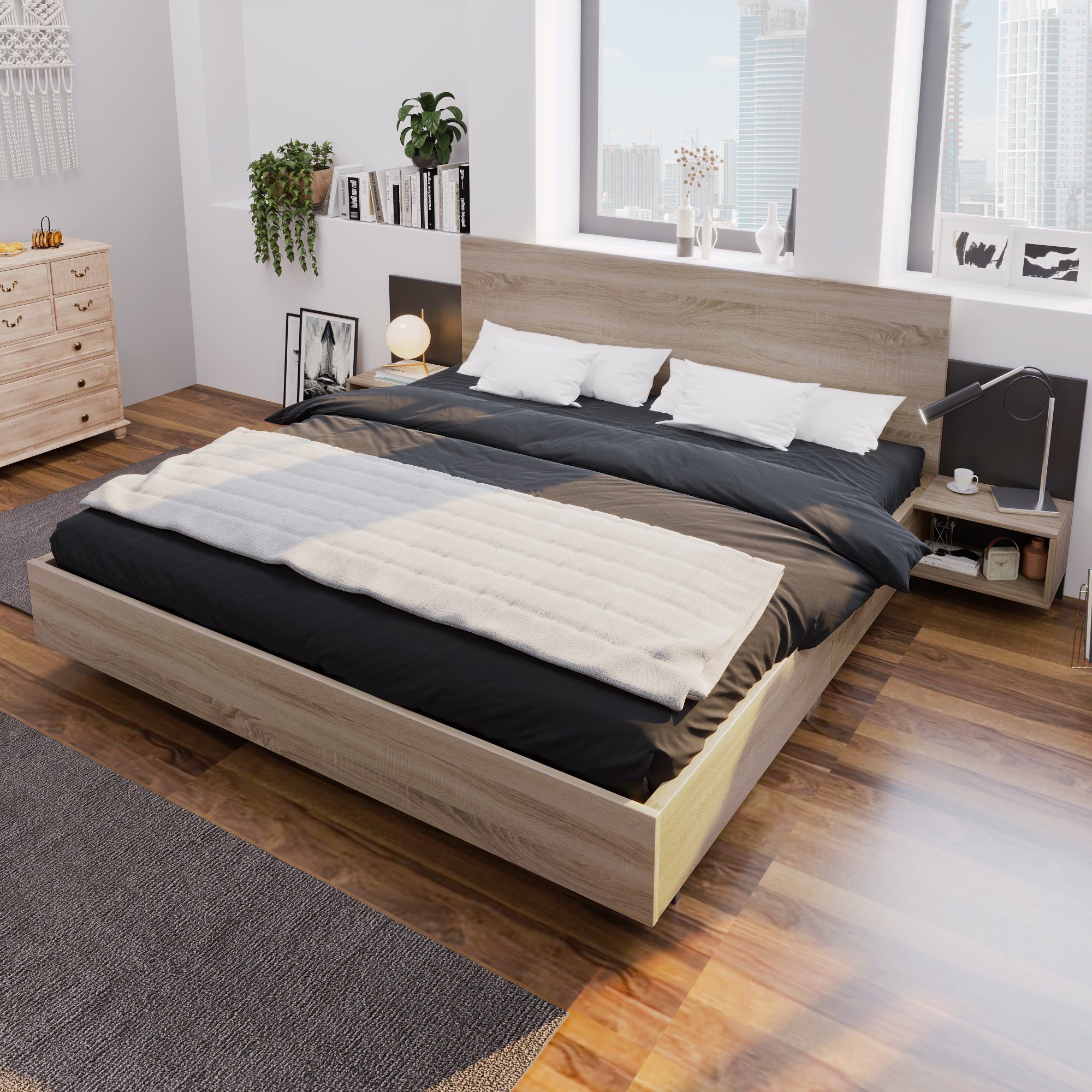 OKWISH Massivholzbett Natur Bett Solide (160x200cm mit Lattenrost ohne Matratze), mit 2 Nachtkommoden Modernes Bett inkl