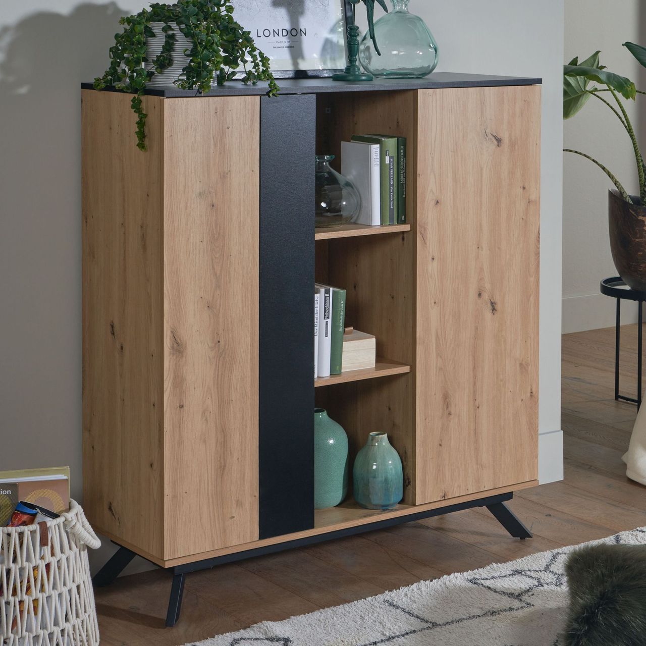Skyport WOHNLING Highboard 110x125x40 cm MDF Sideboard Eiche Dekor Kommode Anrichte