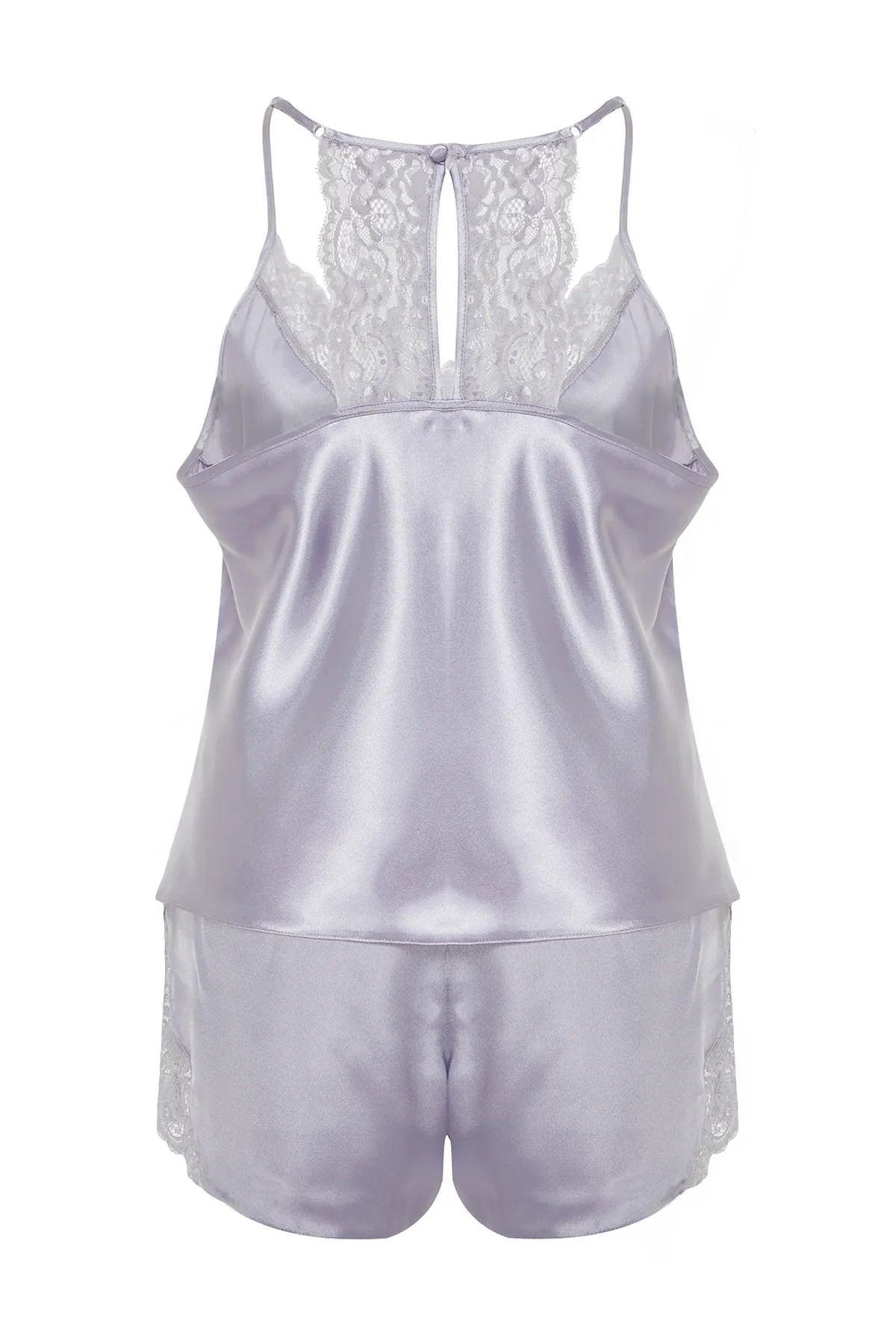 Trendyol Curve  Hellblaues Pyjama-Set aus gewebtem Satin mit Spitzendetails TBBSS23AI00020