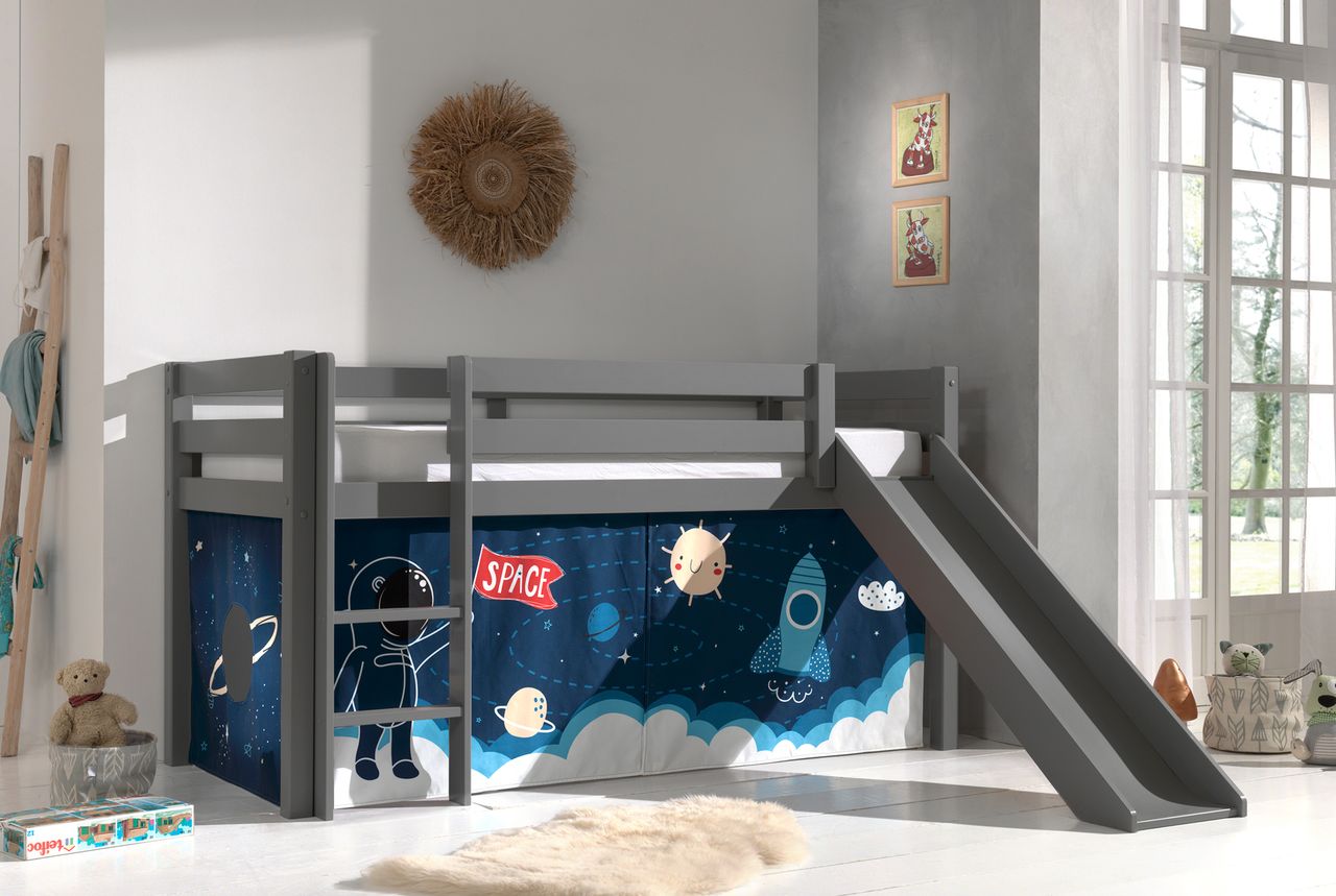VIPACK Halbhohes Bett PINO, mit Rutsche und Textilset 