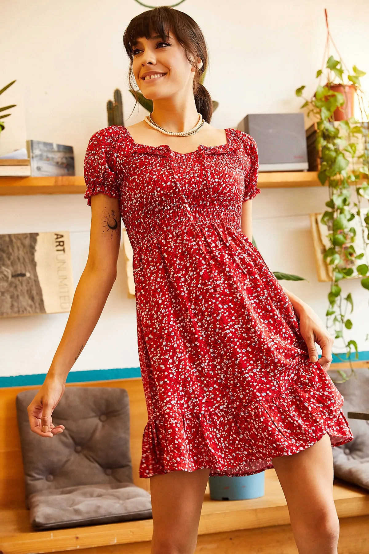 Olalook  Rotes ausgestelltes Kleid mit Gimped-Kragen und Bindegürtel für Damen ELB-19001190