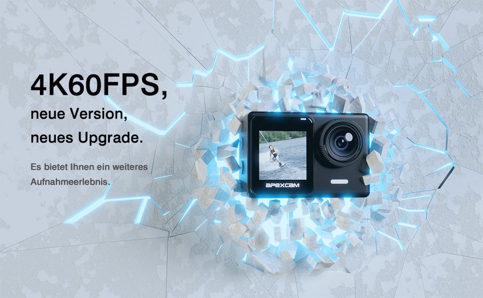 Apexcam X80 Action Cam (4K 60FPS 24MP Ultra HD, WLAN (Wi-Fi), mit Tasche, zwei Akkus, zwei Ladegeräten, Unterwasserkamera 40M, WiFi Fernbedienung, Dualscreen Touchscreen)