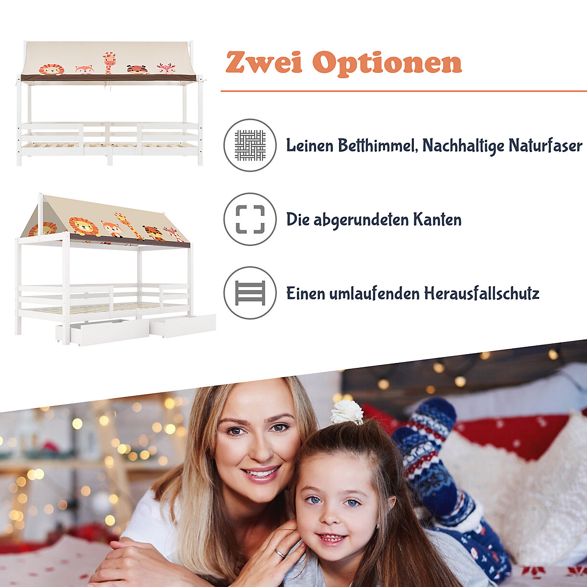 Hausbett 90x200 cm mit Stoffzeltaufsatz und Rausfallschutz
