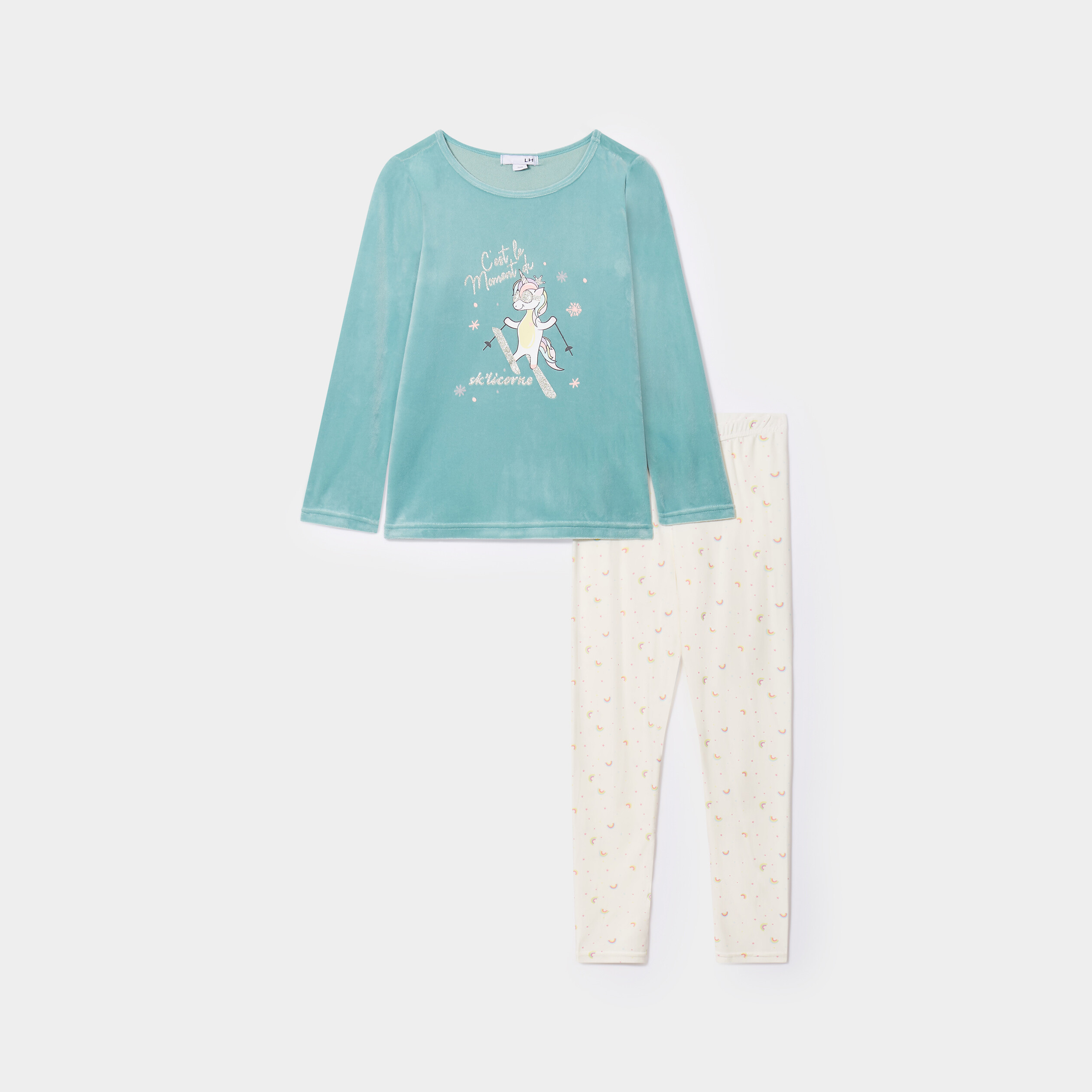 Ensemble pyjama legging t-shirt velours vert clair fille | La Halle