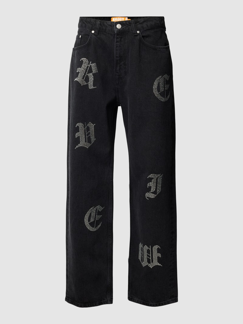 Baggy Fit Jeans mit Strasssteinbesatz in schwarz
