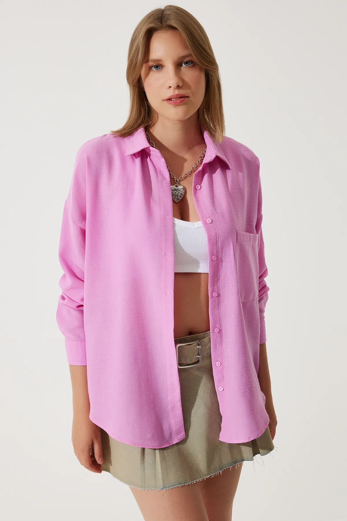 Happiness İstanbul  Hellrosa Oversize-Leinenhemd Ayrobin für Damen DD01222