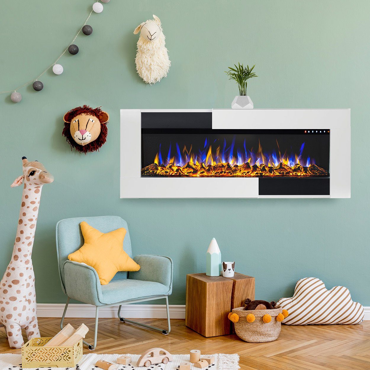 GLOW FIRE Elektrokamin Insert Tetris Wandkamin elektrisch mit Heizung, Elektrischer Kamin mit Fernbedienung, Timer, 3D Flammenspiel, LED Feuer