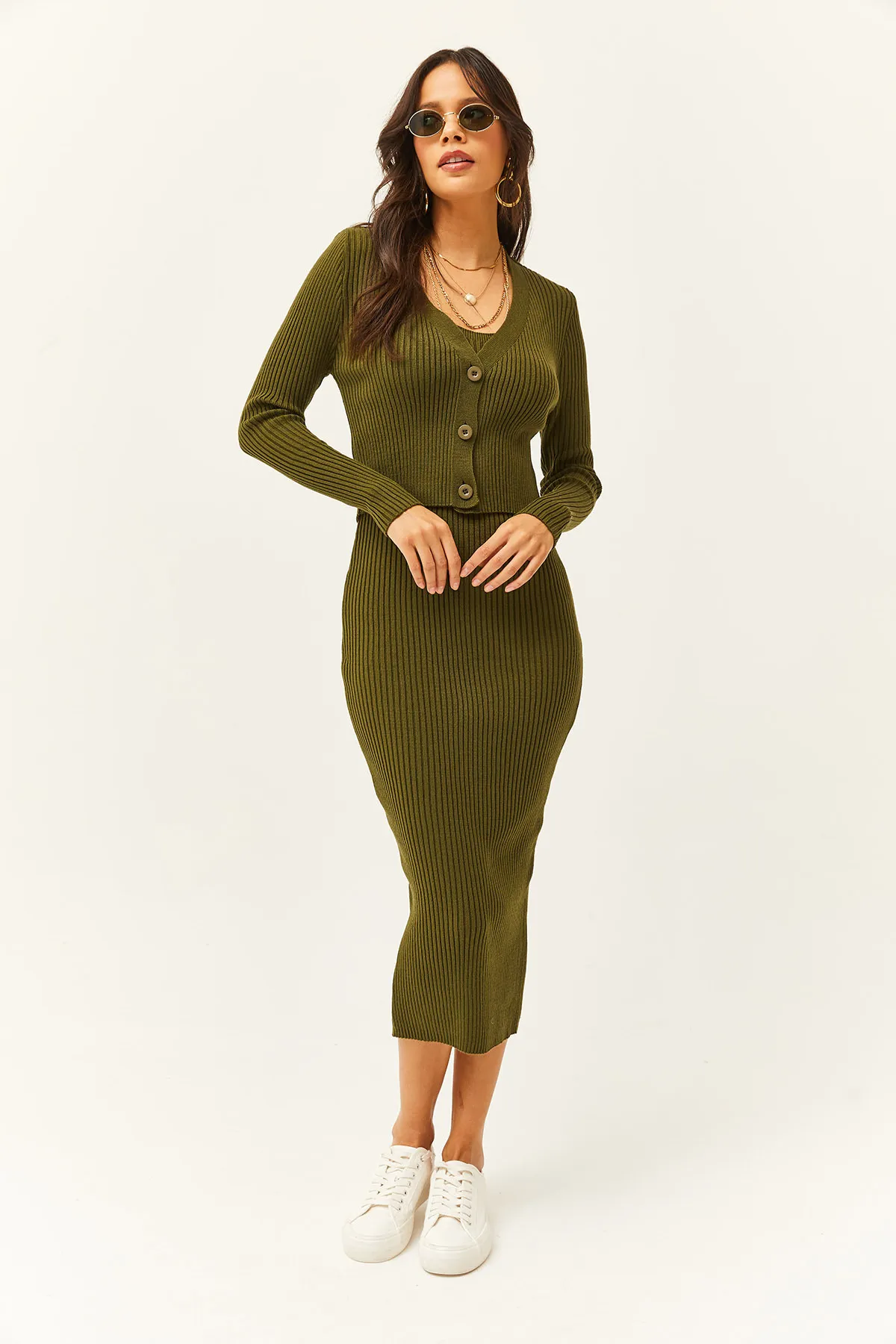 Olalook  Damen-Khaki-Kleid-Cardigan, zweiteiliger Strickanzug TKM-19000223