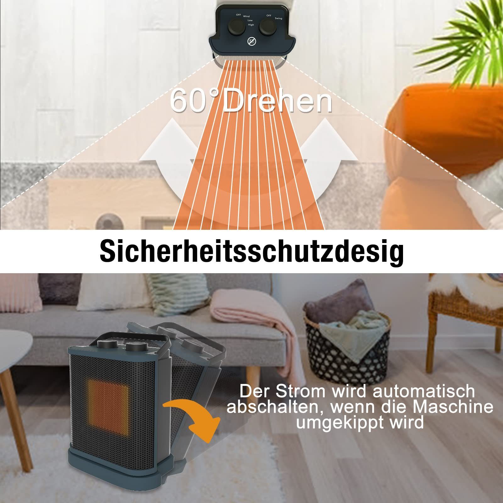 UISEBRT Keramikheizlüfter Keramikheizung, 1500 W, mit Überhitzungsschutz