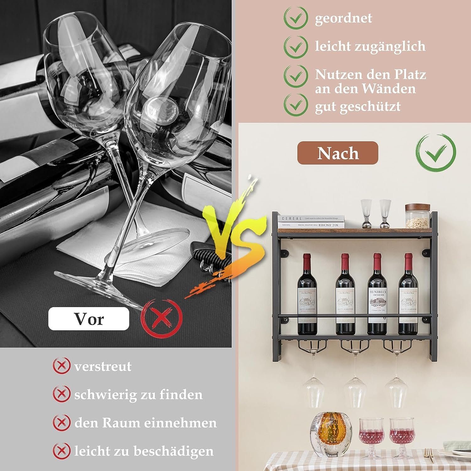 KOMFOTTEU Weinregal Wandregal, mit Glashalter, 60 × 20 × 55cm