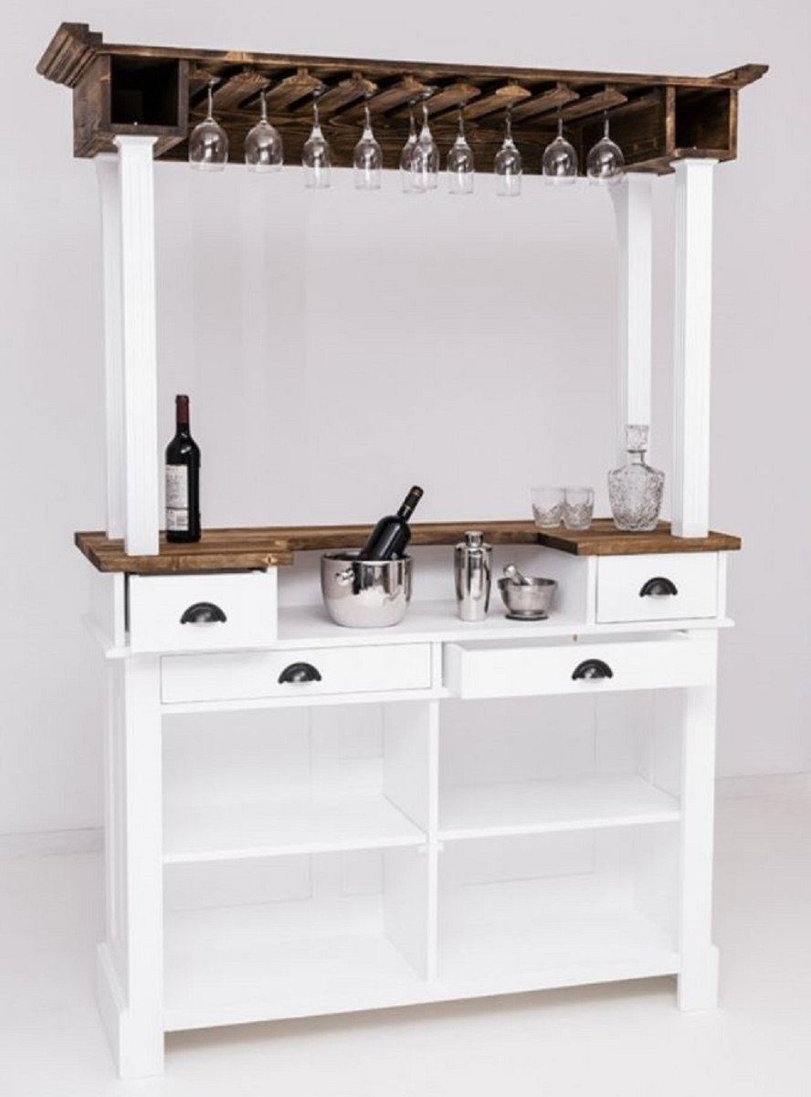 Casa Padrino Barschrank Landhausstil Bar Theke Weiß / Braun 150 x 56 x H. 210 cm - Massivholz Thekentisch - Massivholz Bar Möbel im Landhausstil