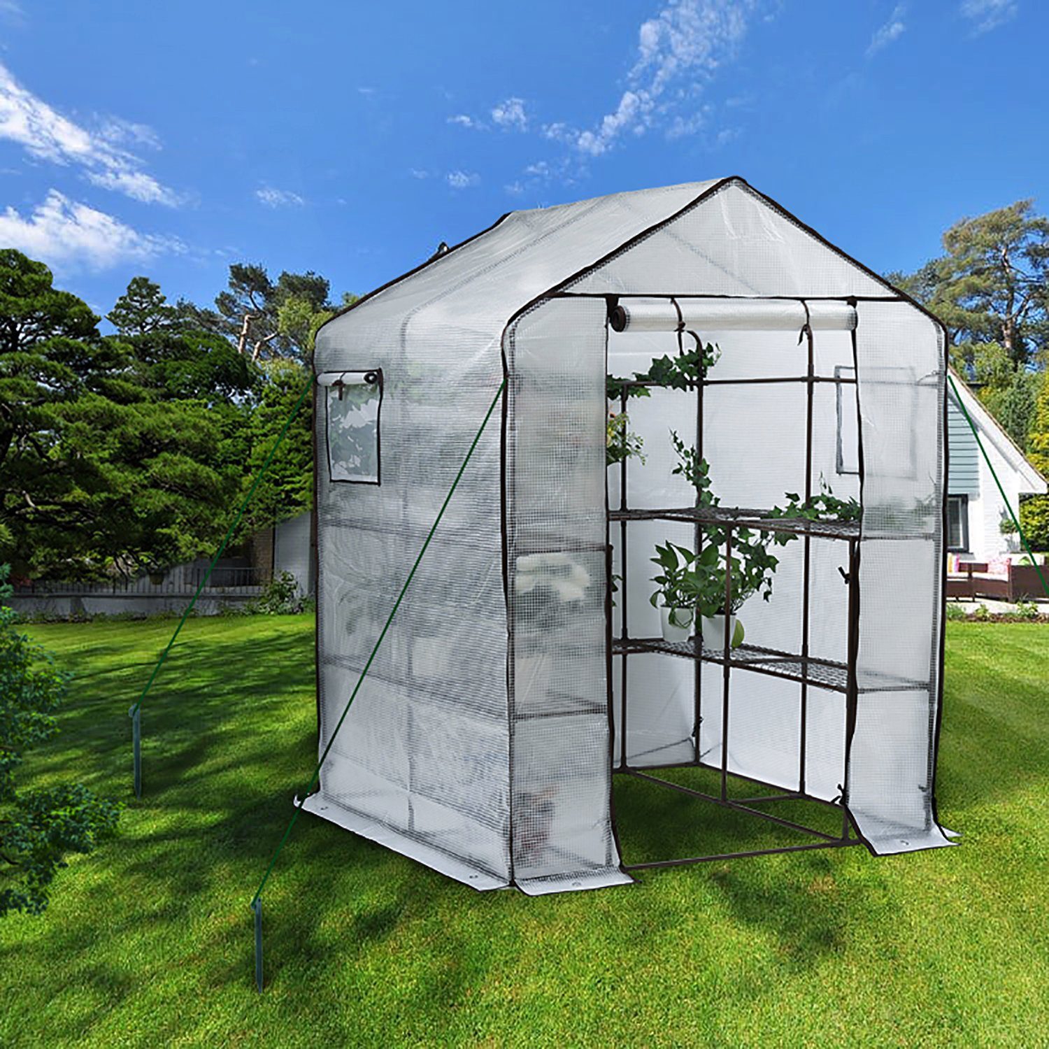 Sekey Gewächshaus Begehbares Foliengewächshaus mit 10 Regalebenen, Treibhaus für Garten, 143 x 143 x 195 cm Tomatenhaus Winterfest Gewächshaus mit Tür, Fenster