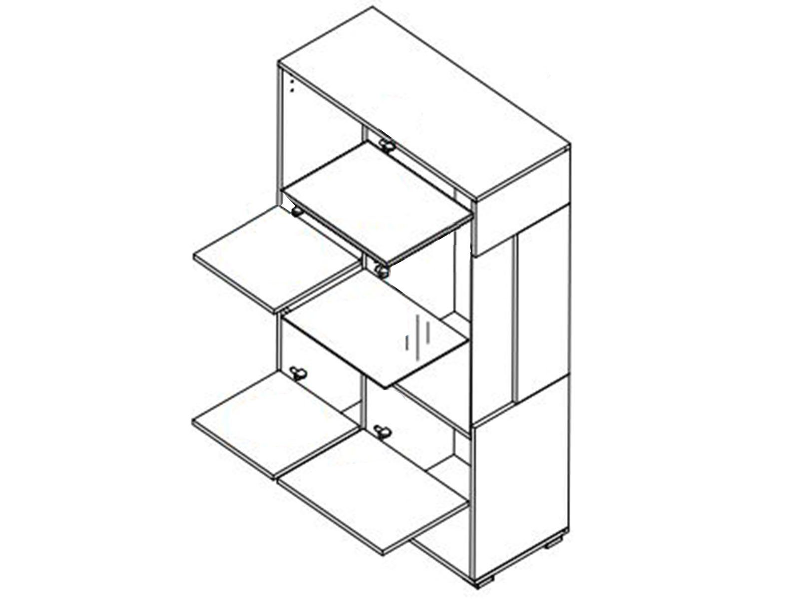möbelando Wohnwand Filmer, Moderne Wohnwand, Korpus aus Spanplatte in Weiß matt, Front aus MDF in Weiß Hochglanz, Absetzungen in Schwarz bestehend aus 1 Vitrine klein, 1 Vitrine groß, 1 TV-Unterteil und 1 Wandboard, inkl. LED-Beleuchtung. Stellmaß ca