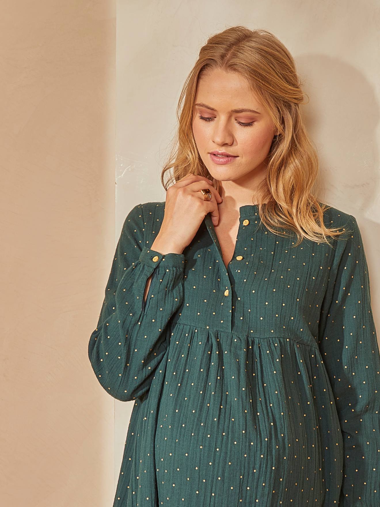 Robe imprimée gaze de coton grossesse et allaitement gris avec motif