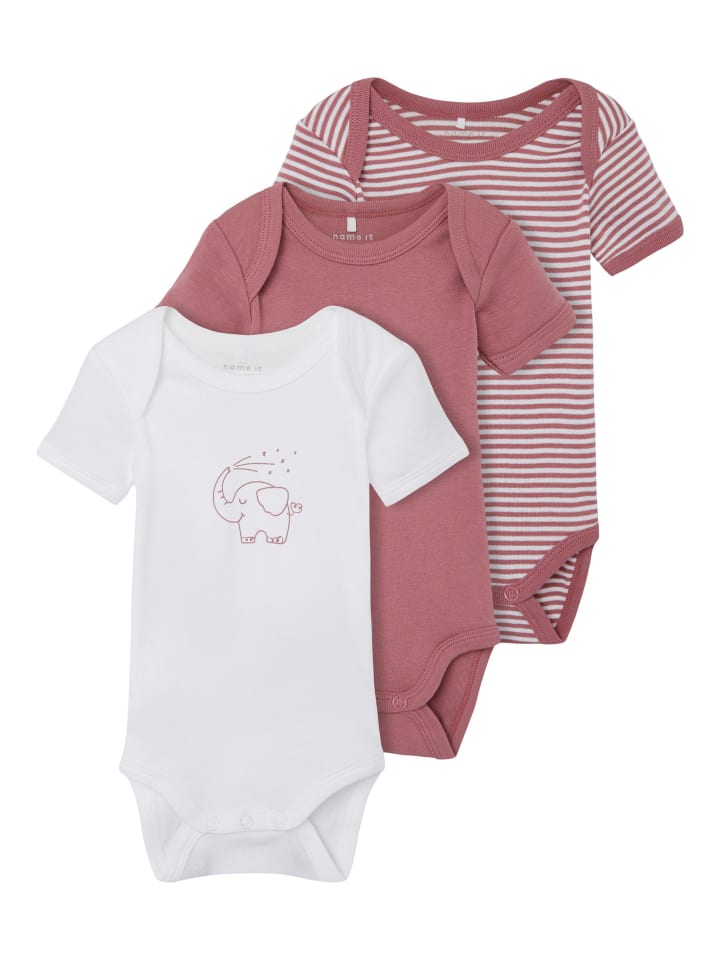 name it Baby kurzarm Body im 3er Pack mit Elefanten Motiv in Rosa günstig kaufen