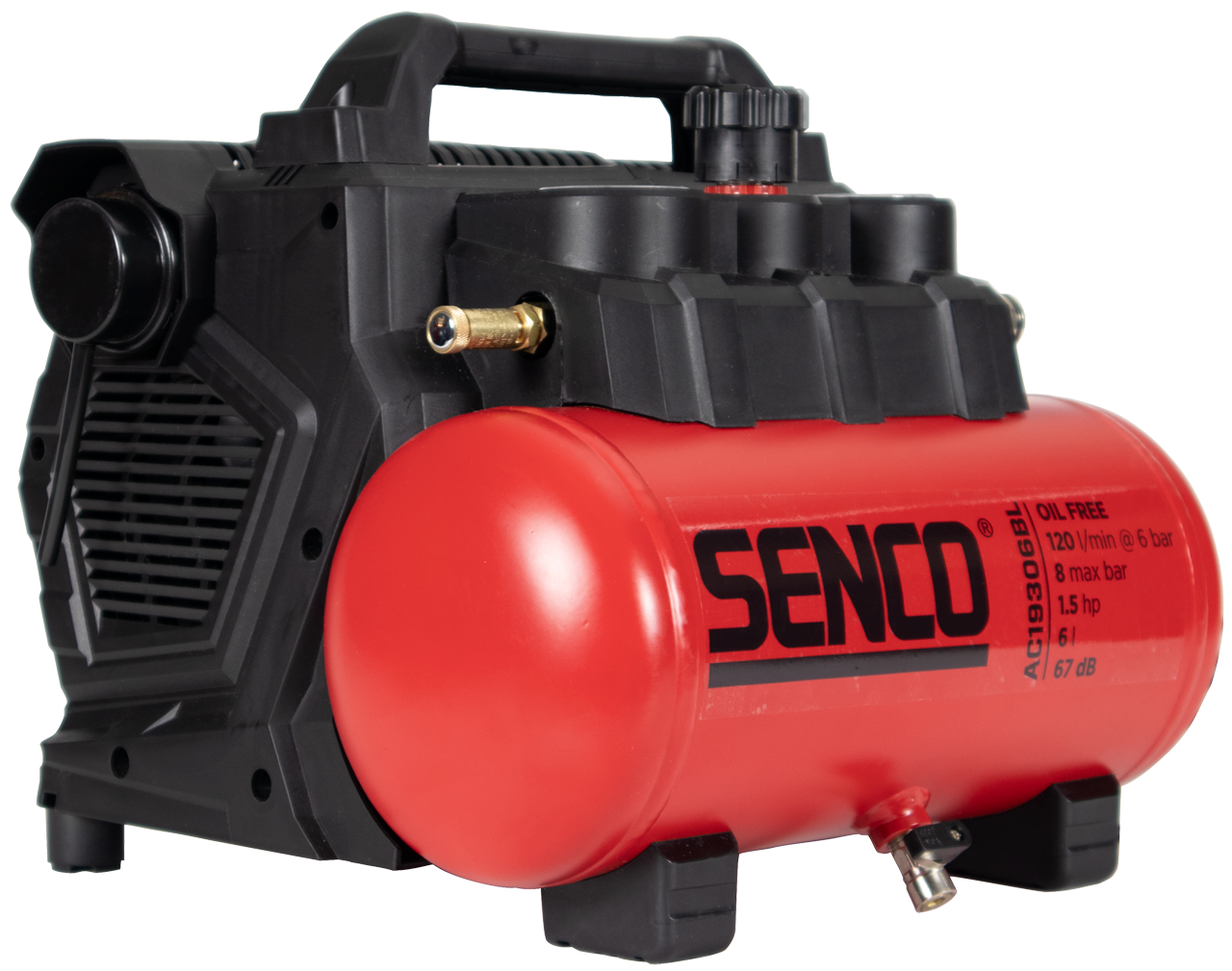 Compresor Senco PRSE-AFN0036EU - AC19306BL de 6 litros y 8 bares + manguera de aire de 10 metros.