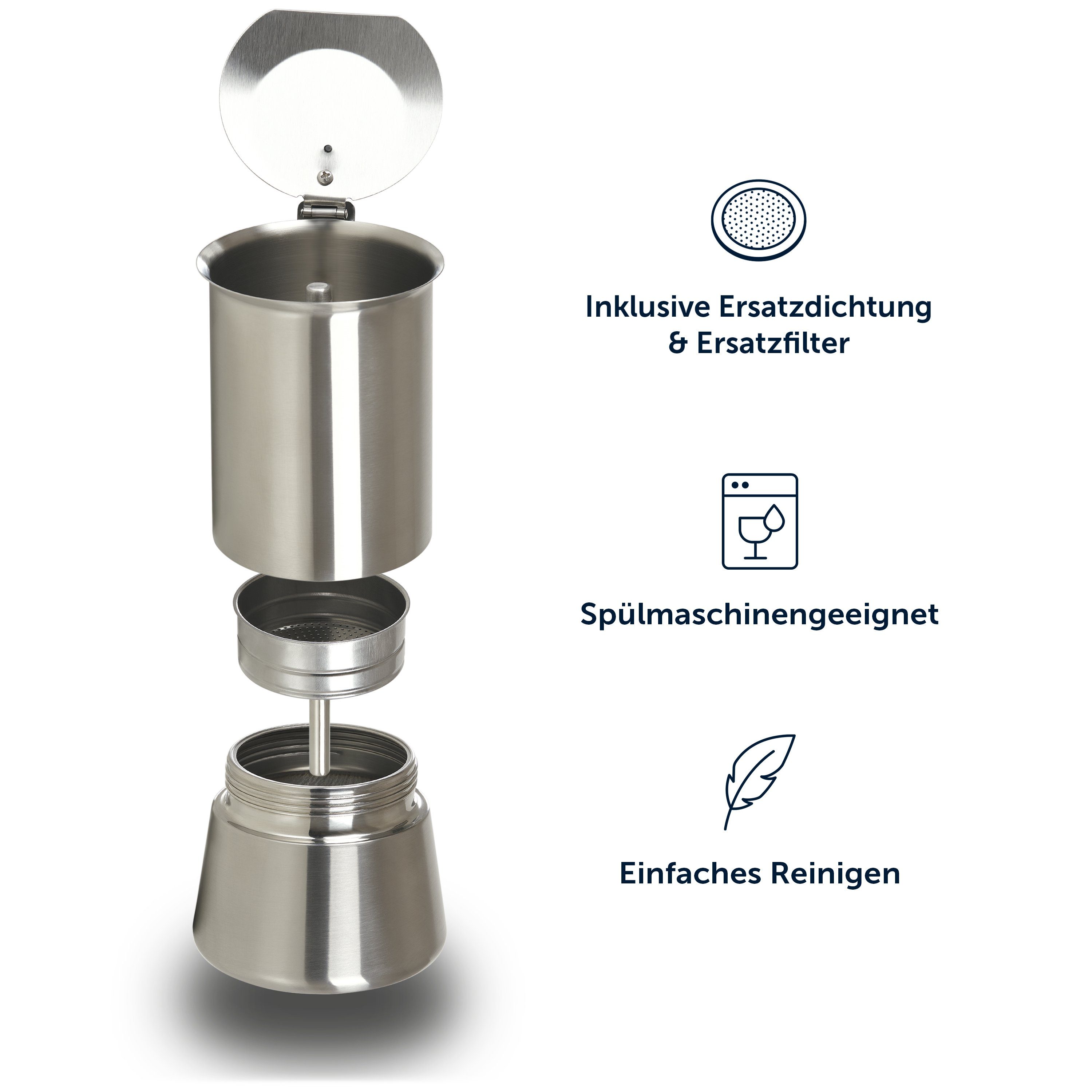 Blumtal Espressokocher Espressokocher Edelstahl - aluminiumfreie Mokkakanne, für alle Herdarten, nichtrostende Mokakanne, Ersatzdichtung und Ersatzfilter, Camping Kaffeekocher, mit verstärkter Wand, Ersatzdichtung und Ersatzfilter