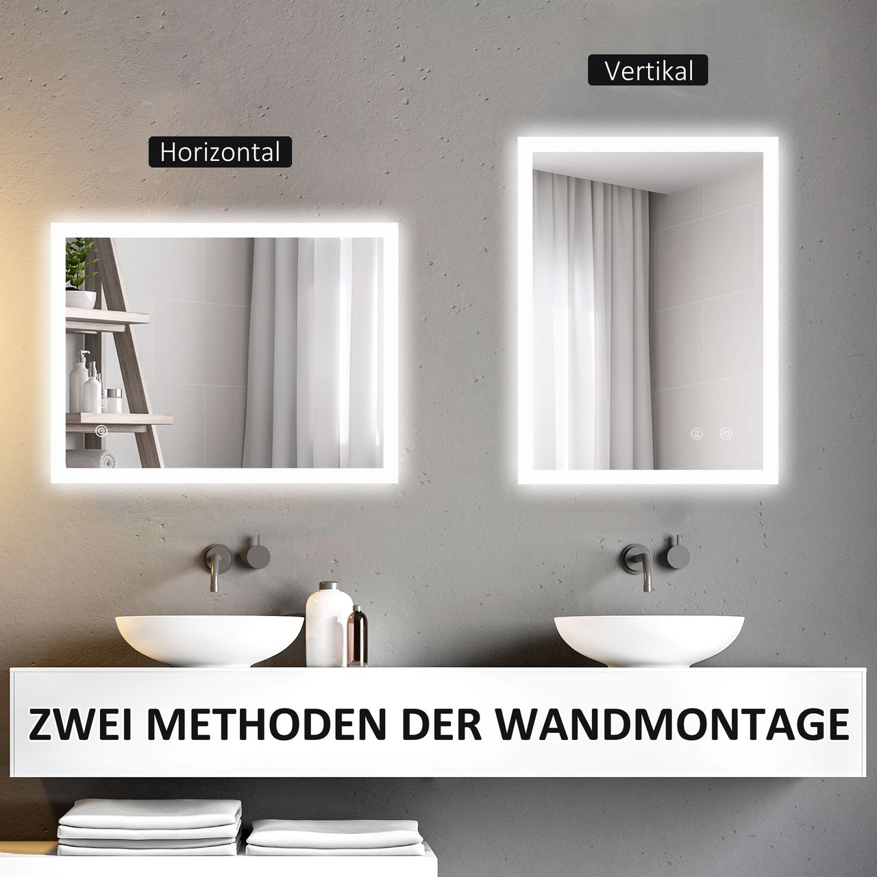 kleankin Badspiegel, Badezimmerspiegel mit LED-Leuchte, Memory-Funktion 80x 60cm