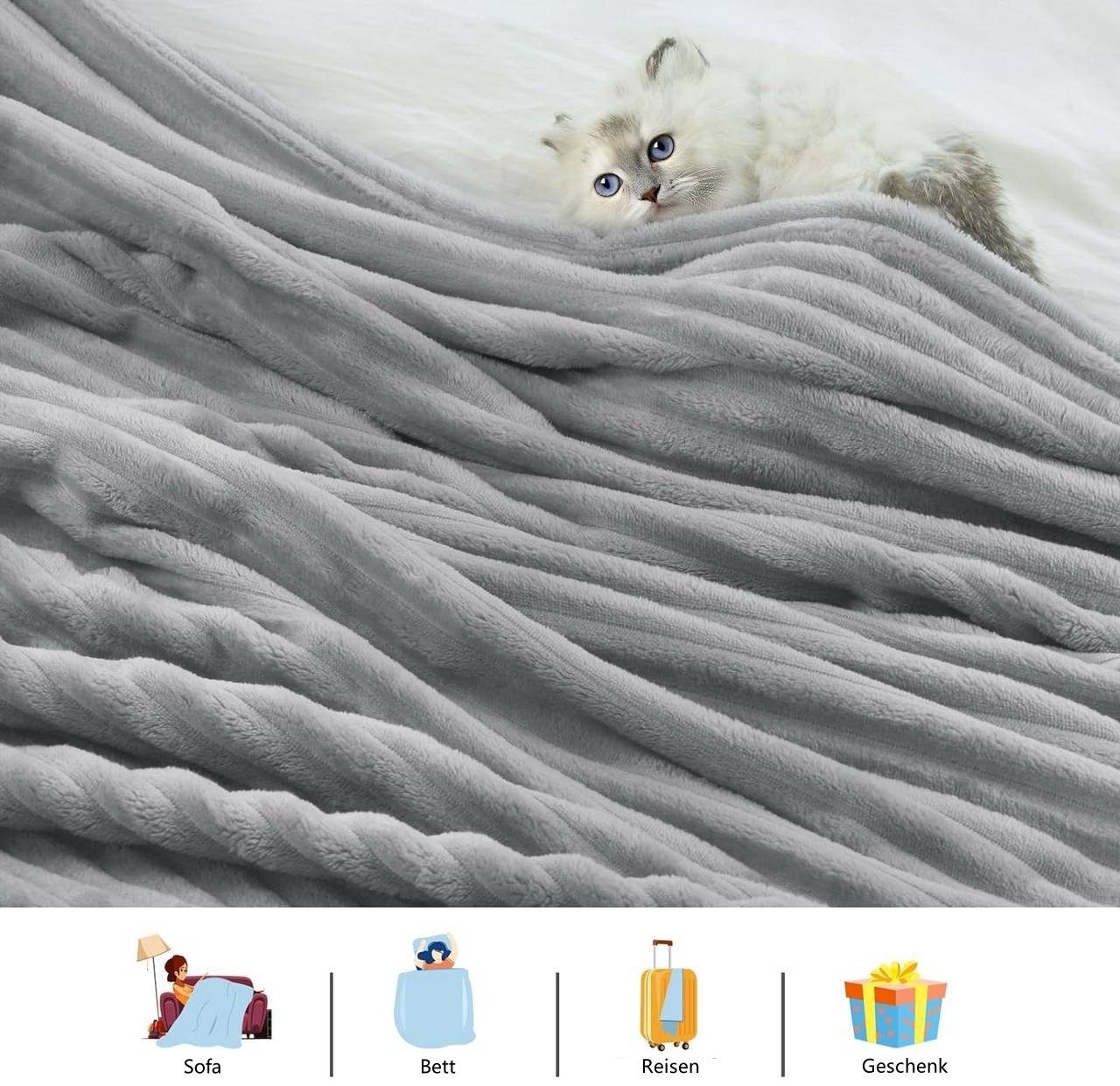 Wohndecke, Woltu, Kuscheldecke Flanell mit Streifenmuster