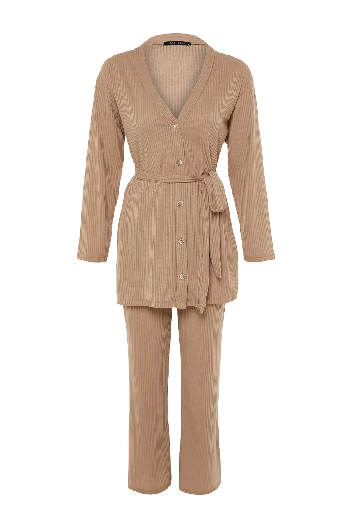 Trendyol Modest  Beiges Strick-Tunika-Hosen-Set mit Bindedetail vorne TCTSS23US00003