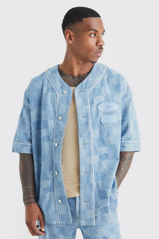 Patchwork Jacquard Baseball-Jeanshemd