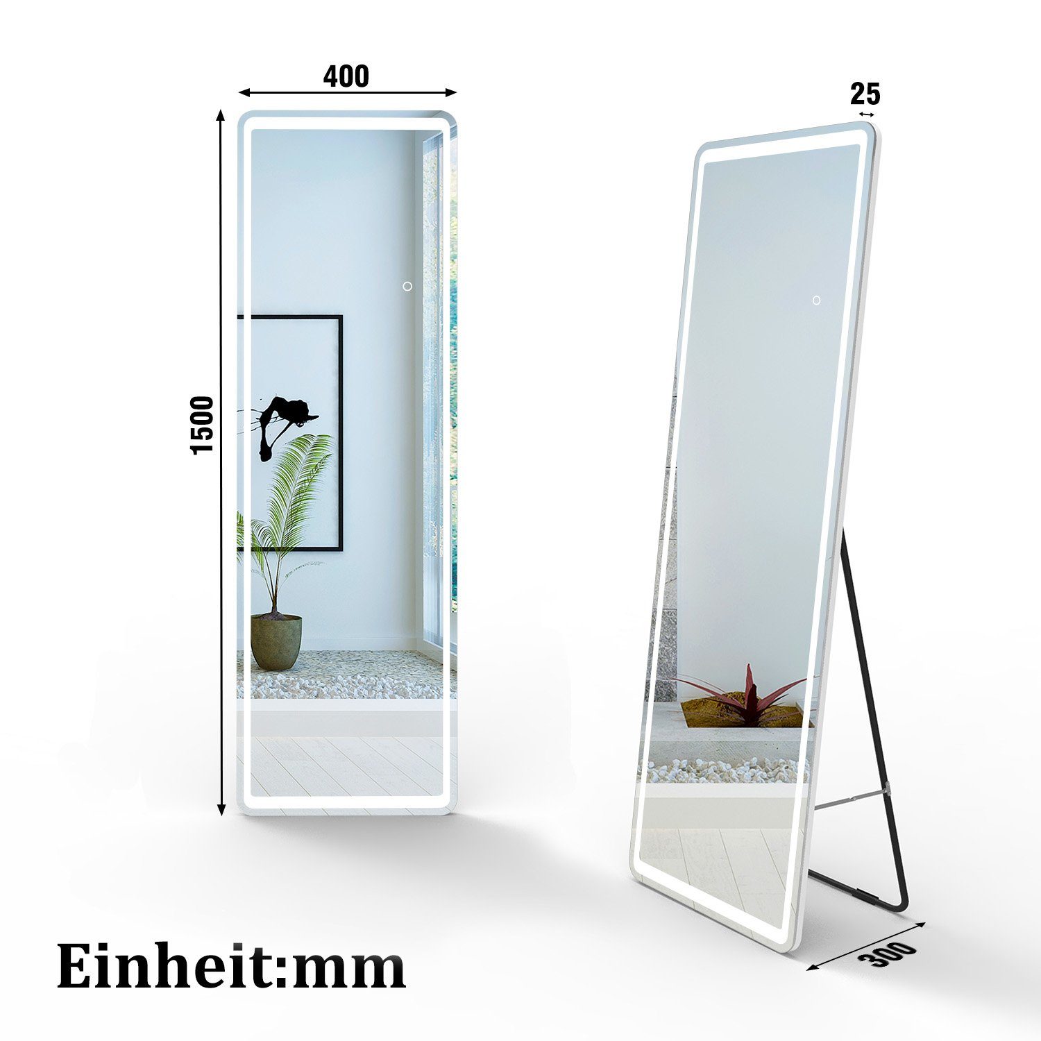 duschspa Ganzkörperspiegel Wandspiegel mit LED Beleuchtung Standspiegel Hängespiegel 150/160cm, Warm/Neutral/Kaltweß, dimmbar, Memory, mit Stecker