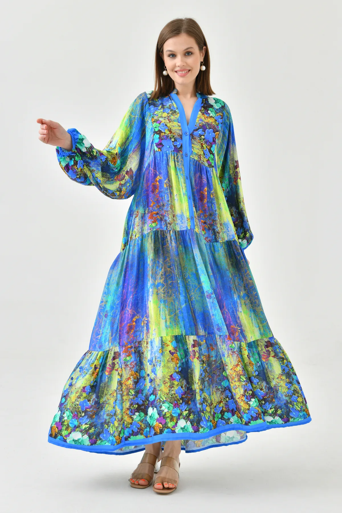lovebox  Blumengemustertes, geknöpftes, vorherrschendes Kragen-Ballonärmel-Sommerkleid in Midi-Länge, weit ausgestellter Schnitt, 036