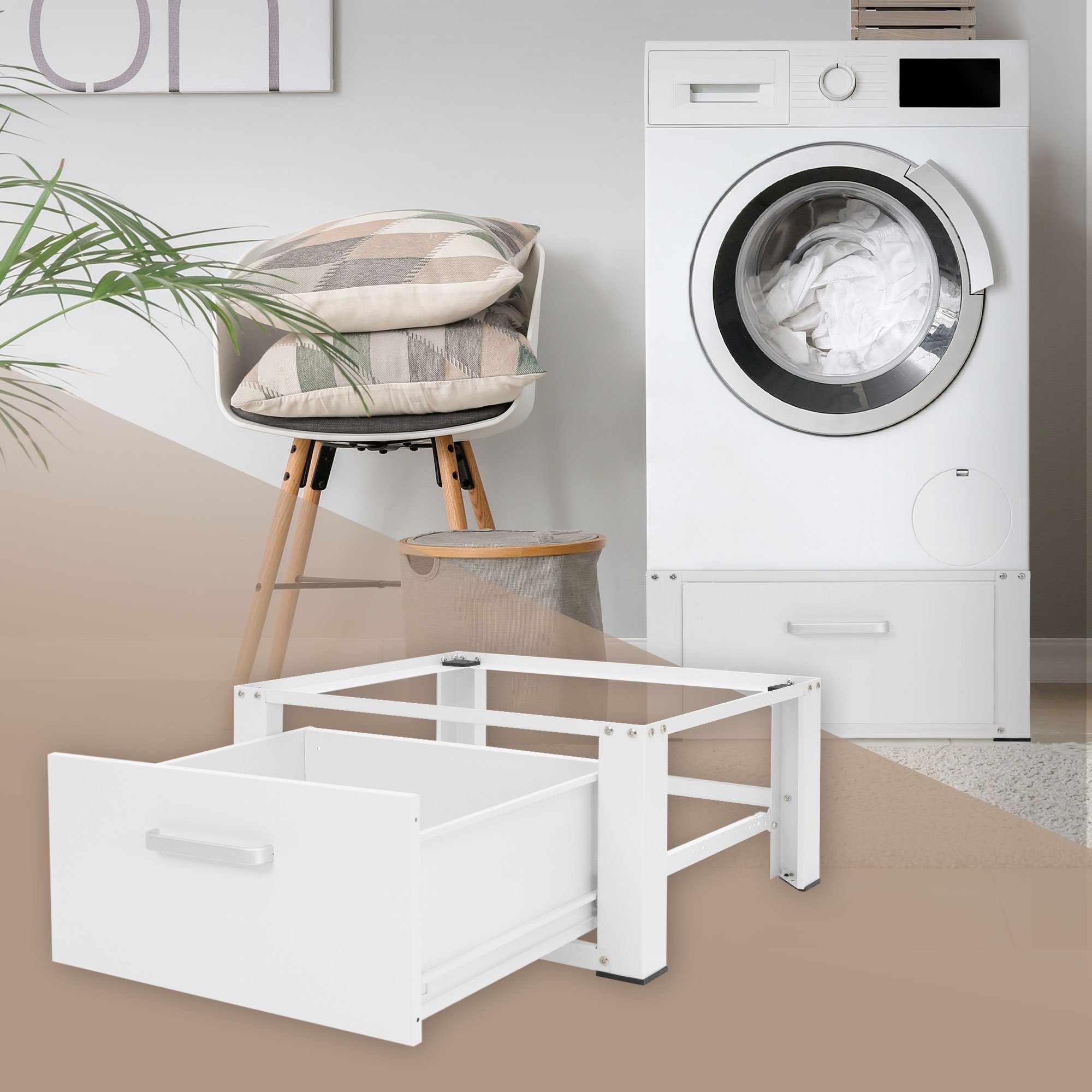 ML-DESIGN Waschmaschinenuntergestell Waschmaschinen Untergestell mit Schublade 63x54cm Weiß aus Stahl