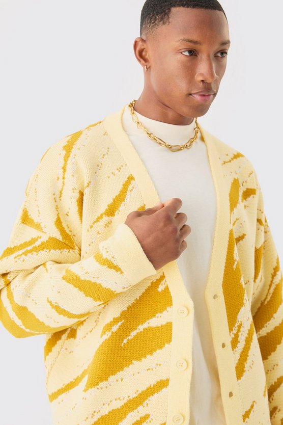 Kastiger Oversize Jacquard-Cardigan mit abstraktem Print