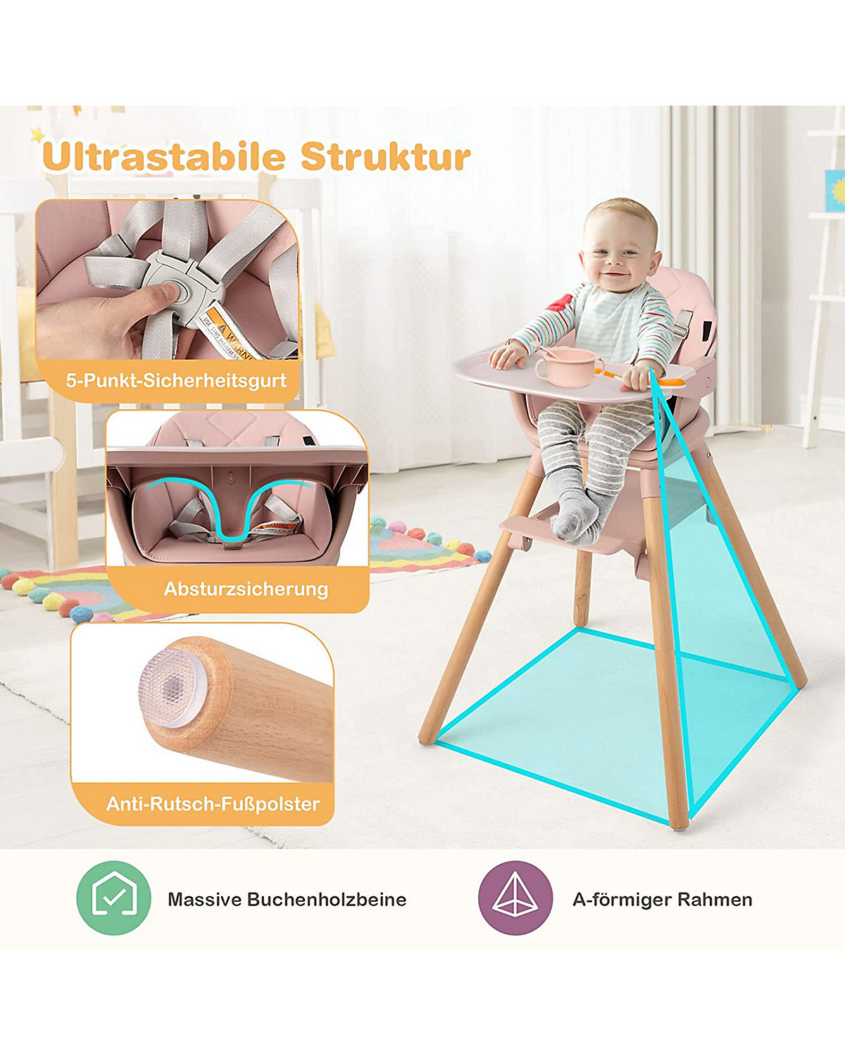 6 in 1 Hochstuhl mit Sitzkissen mit Tablett abnehmbar