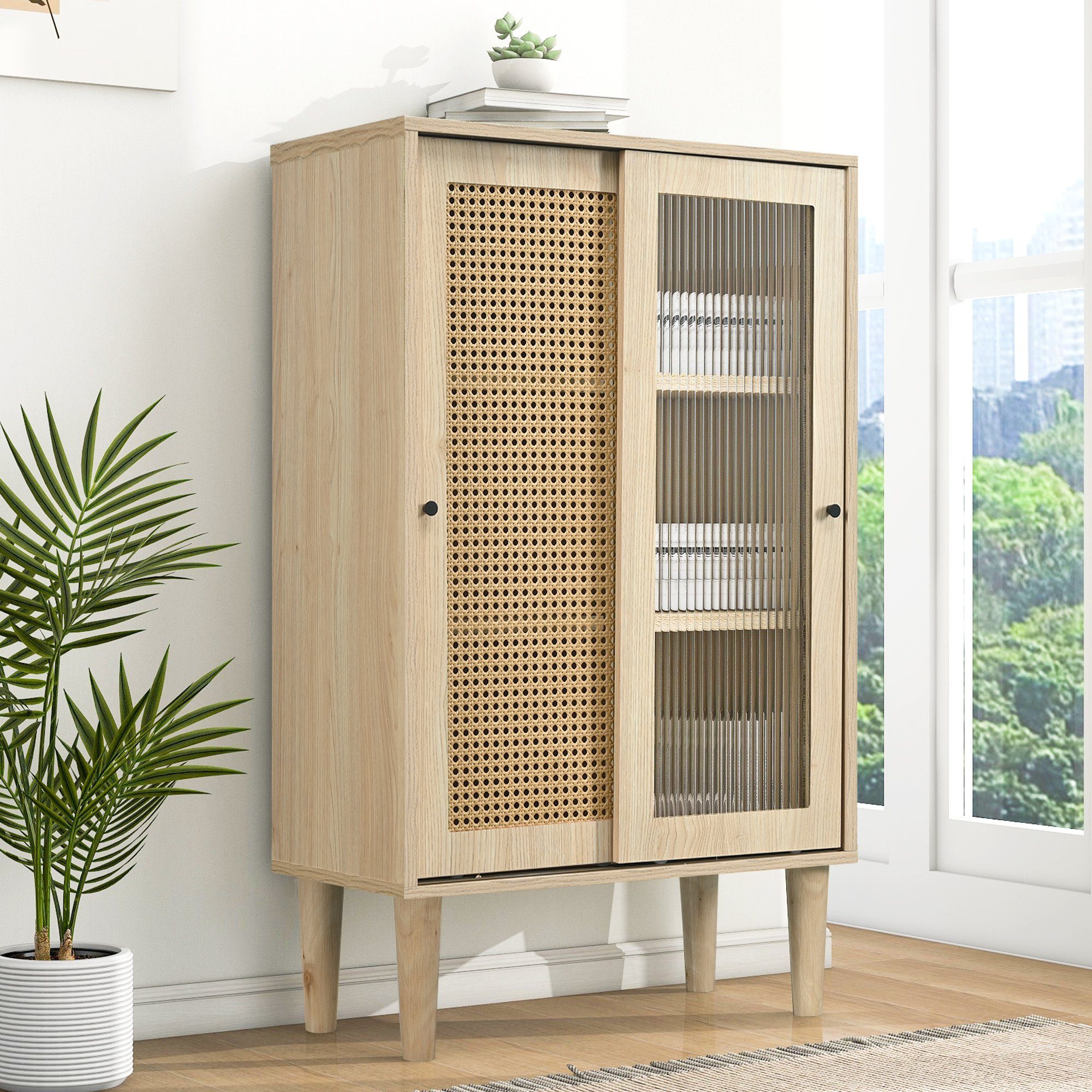 Merax Highboard, mit Glastür und Rattangeflecht, Vitrine Landhaus, Kommode, Sideboard