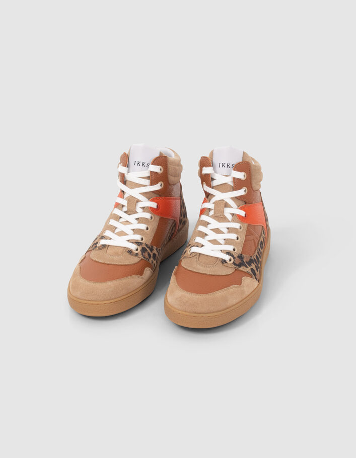 Sneakers beige, orange et motif léopard mix cuir Femme