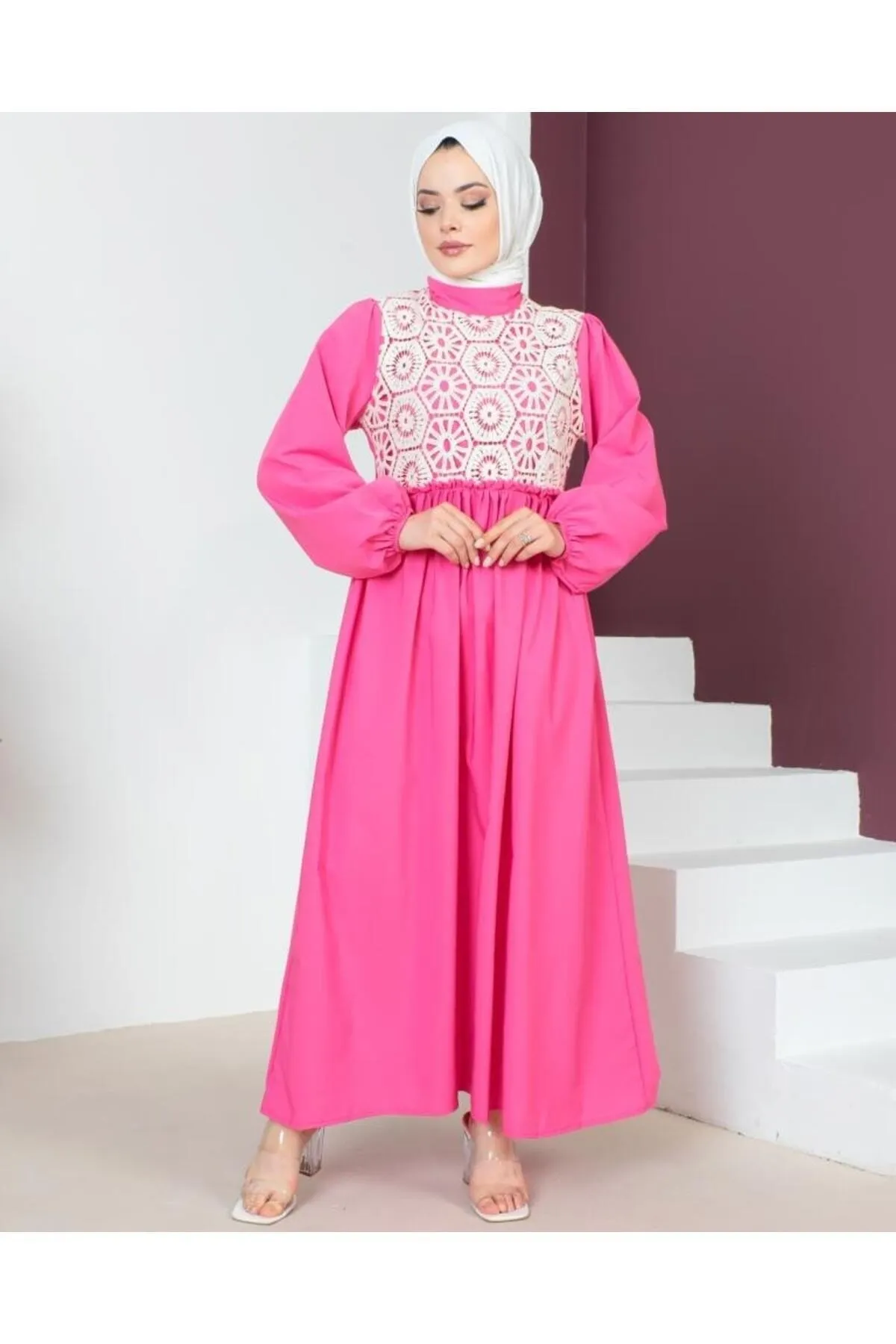 benguen  449 Spitzendetailliertes Hijab-Kleid Fuchsia