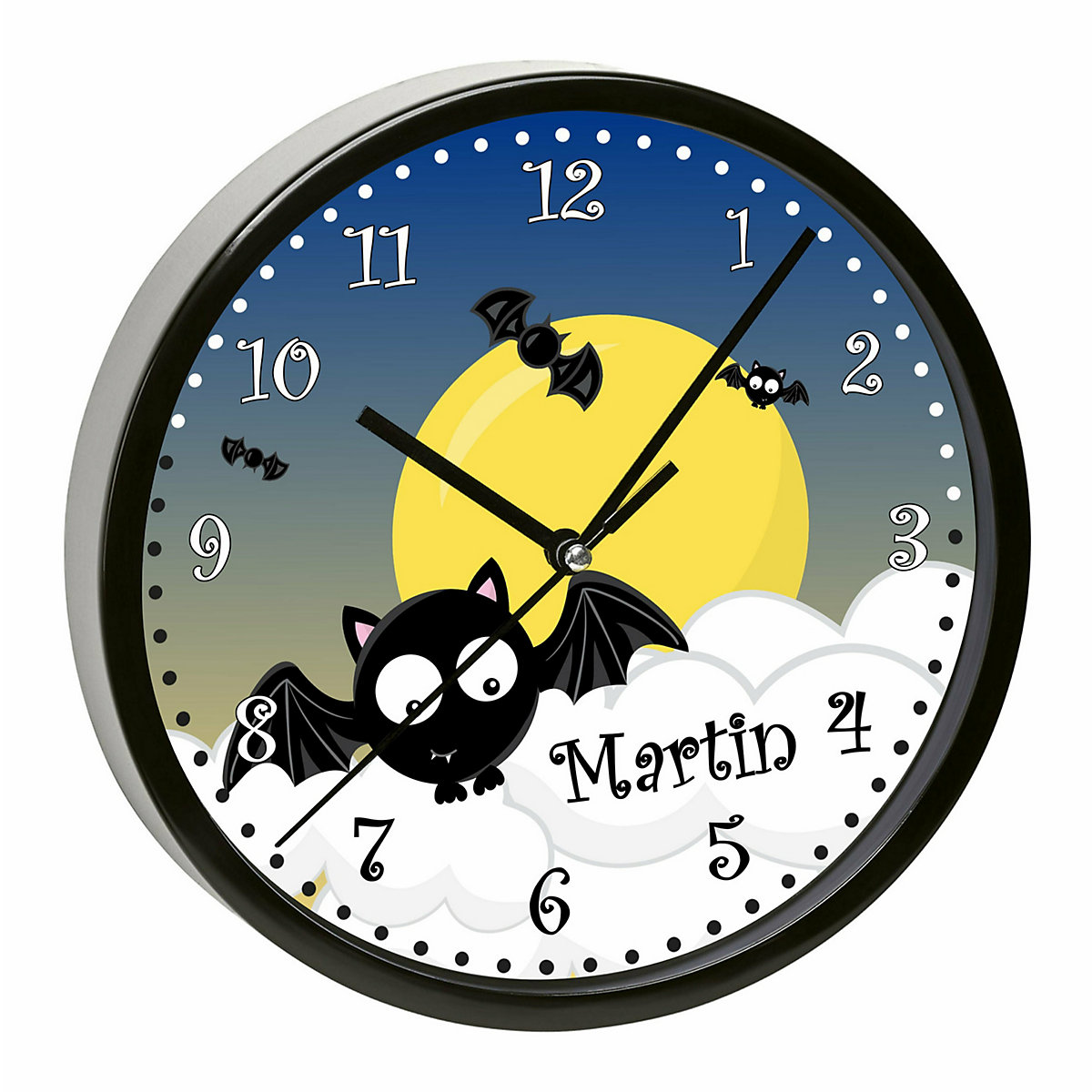 Kinder Wanduhr laufruhig personalisiert mit Name Fledermaus