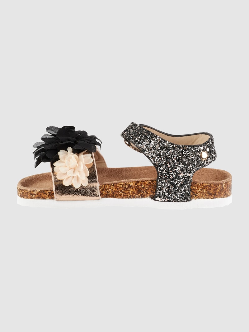 Sandalen mit Blüten-Applikationen in schwarz