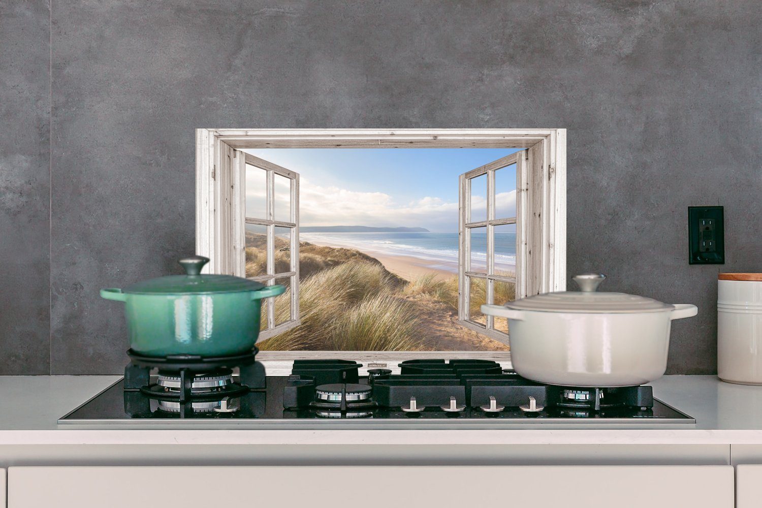 MuchoWow Küchenrückwand Durchblick - Strand - Meer - Dünen - Strandgras - Sand - Blau, (1-tlg), 60x40 cm, Herdblende aus Wandschutz, Temperaturbeständig küchen